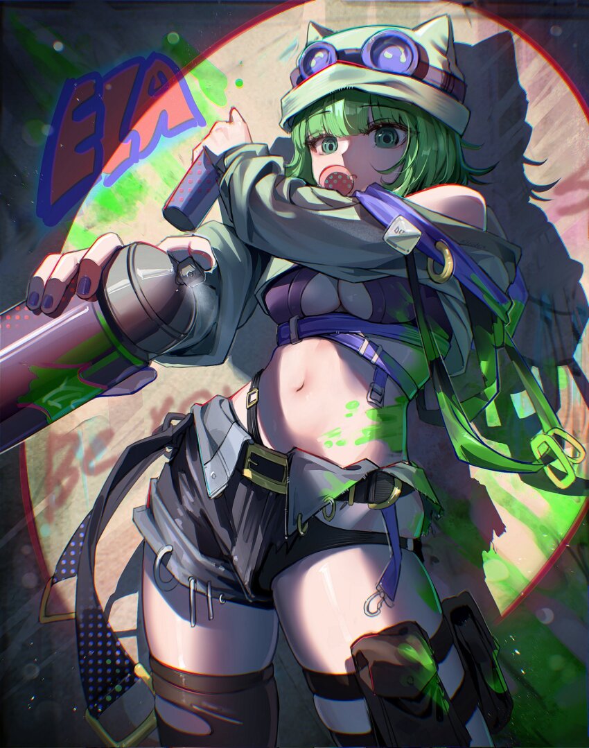 1girl, arknights, blowing_bubbles, chewing_gum, ela_(rainbow_six_siege), ela_(safehouse)_(rainbow_six_siege), goggles, goggles_on_headwear, graffiti, green_eyes, green_hair, hat, highres, holding, holding_spray_can, looking_at_viewer, miraeearim, paint_on_body, rainbow_six_siege, spray_can