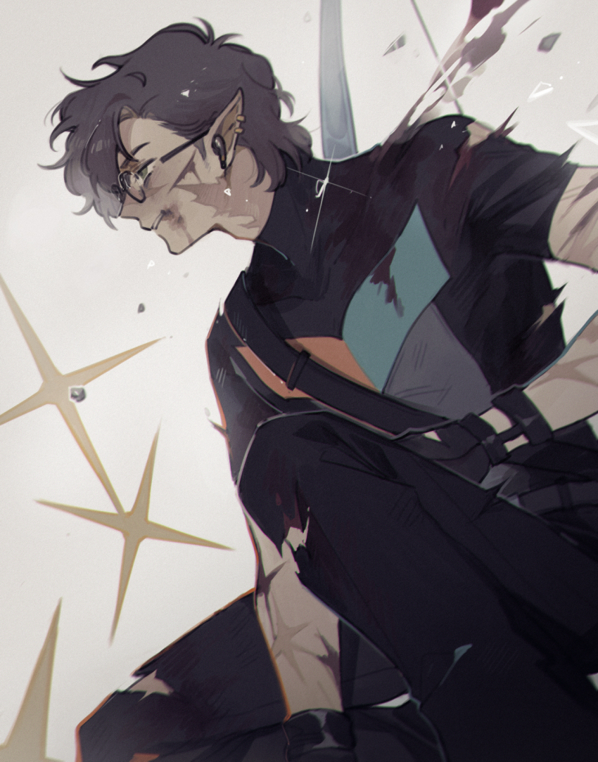 1boy, black_gloves, blood, brown_hair, commentary, dark, english_commentary, fingerless_gloves