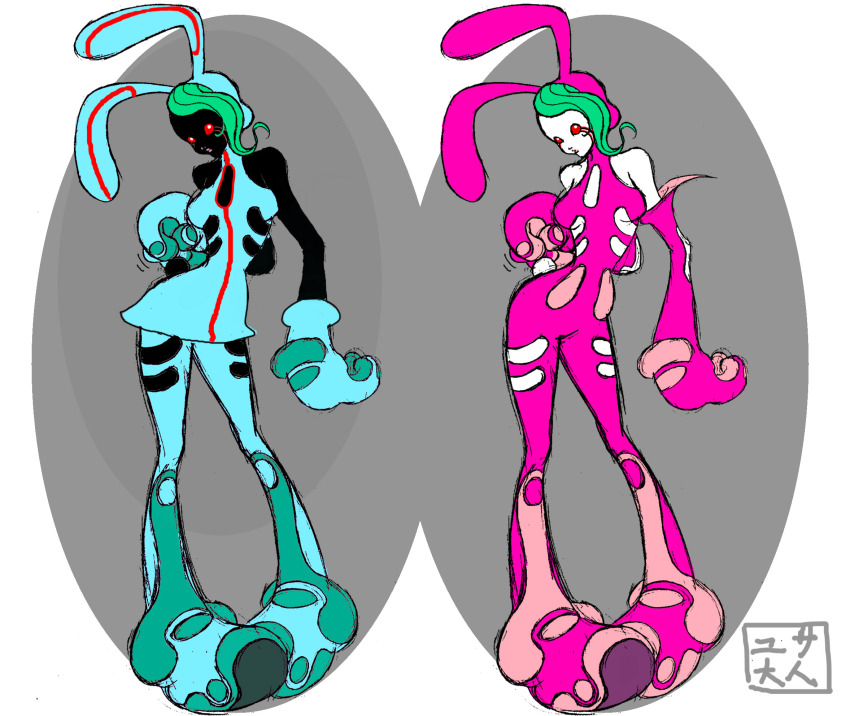 2000s_(style), 2girls, alternate_body_size, alternate_costume, alternate_design, animal_ears, aqua_dress, aqua_gloves