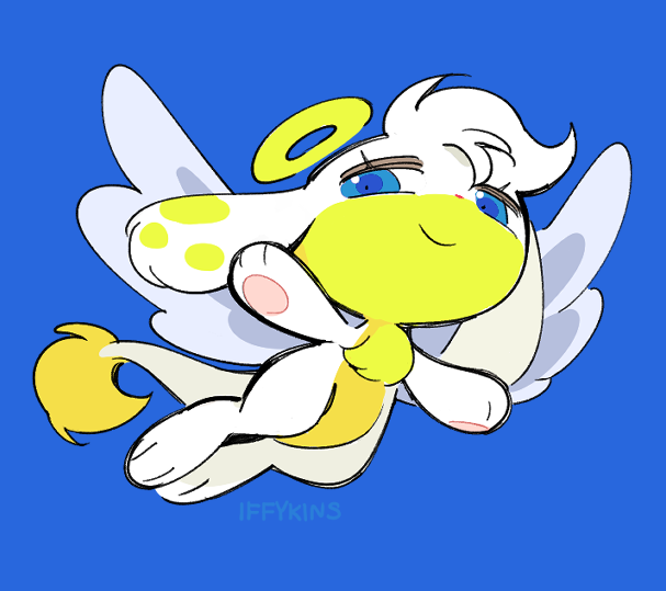 1other, angel, angel_wings, animal_feet, animal_hands, artist_name, blue_background, blue_eyes, body_fur, chibikemo, christmas_neopet, commission, flying, furry, halo, iffykins, neopet_(creature), neopets, other_focus, pawpads, simple_background, smile, tail, traditional_halo, wings, zafara