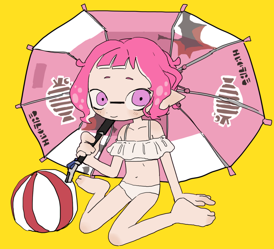 1girl, arm_support, ball, beachball, bikini, breasts, holding, holding_umbrella