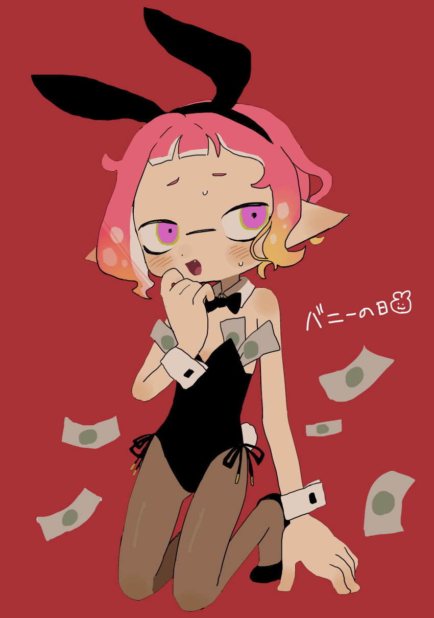 1girl, absurdres, animal_ears, banknote, black_leotard, black_pantyhose, blunt_bangs, bow
