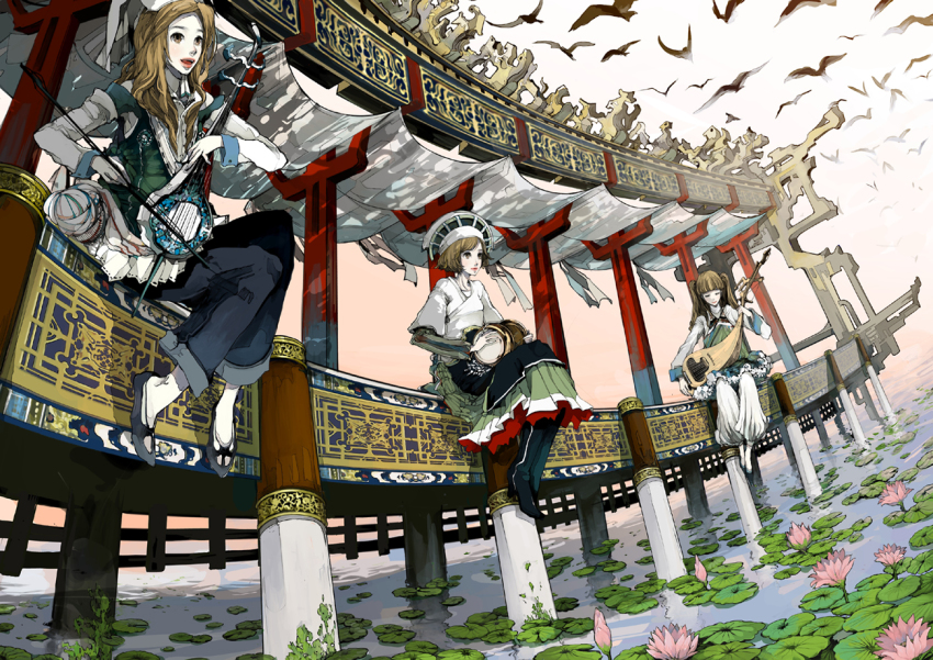 3girls, architecture, bird, blunt_bangs, boots, bow_(music), bridge, brown_hair