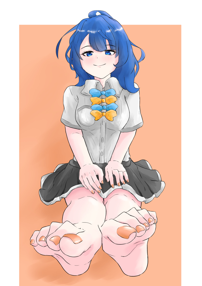 1girl, absurdres, barefoot, blue_eyes, blue_hair, blush, dark_blue_hair, feet
