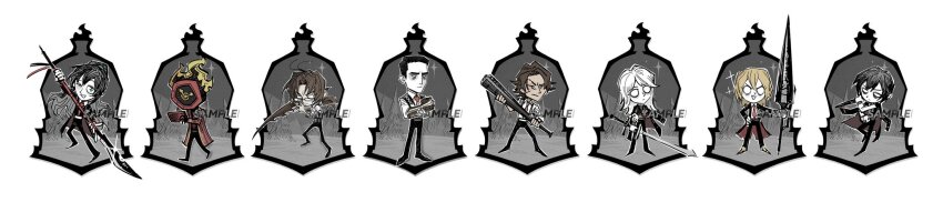 1other, 2girls, 4boys, black_gloves, black_hair, black_pants, blonde_hair, brown_hair