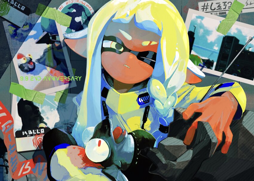 1girl, absurdres, agent_3_(splatoon), agent_3_(splatoon_3), anniversary, asymmetrical_hair, black_pants, blonde_hair