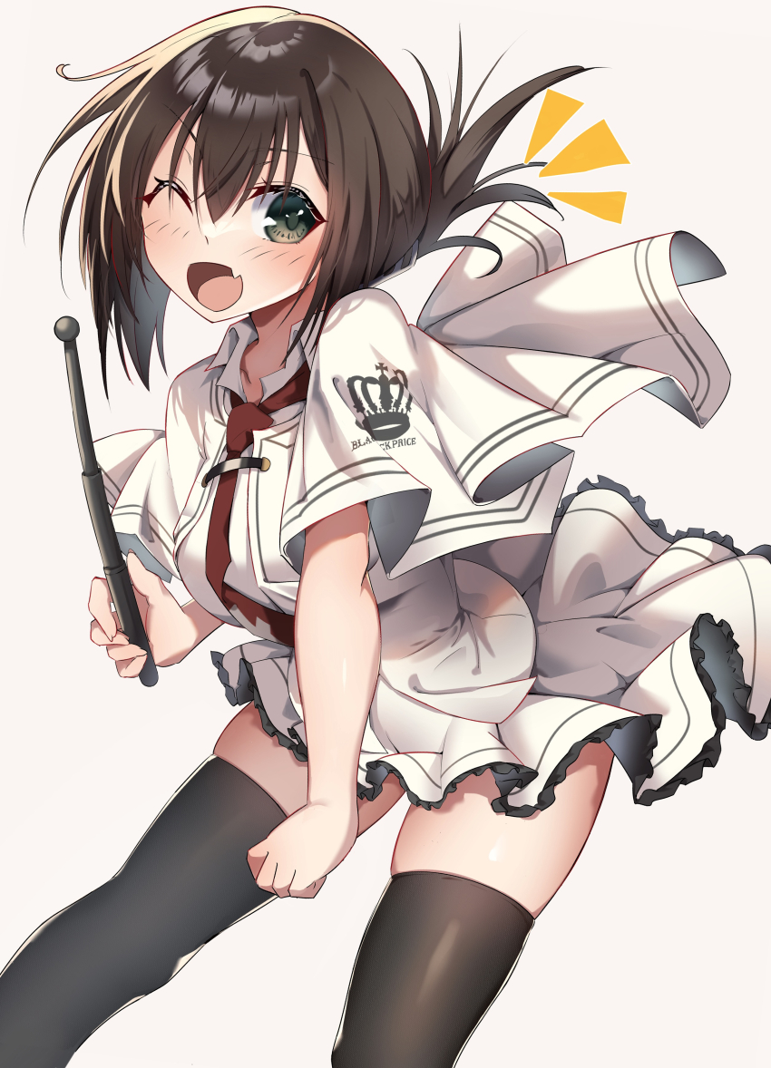 1girl, ;d, absurdres, black_thighhighs, blush, breasts, brown_hair, capelet
