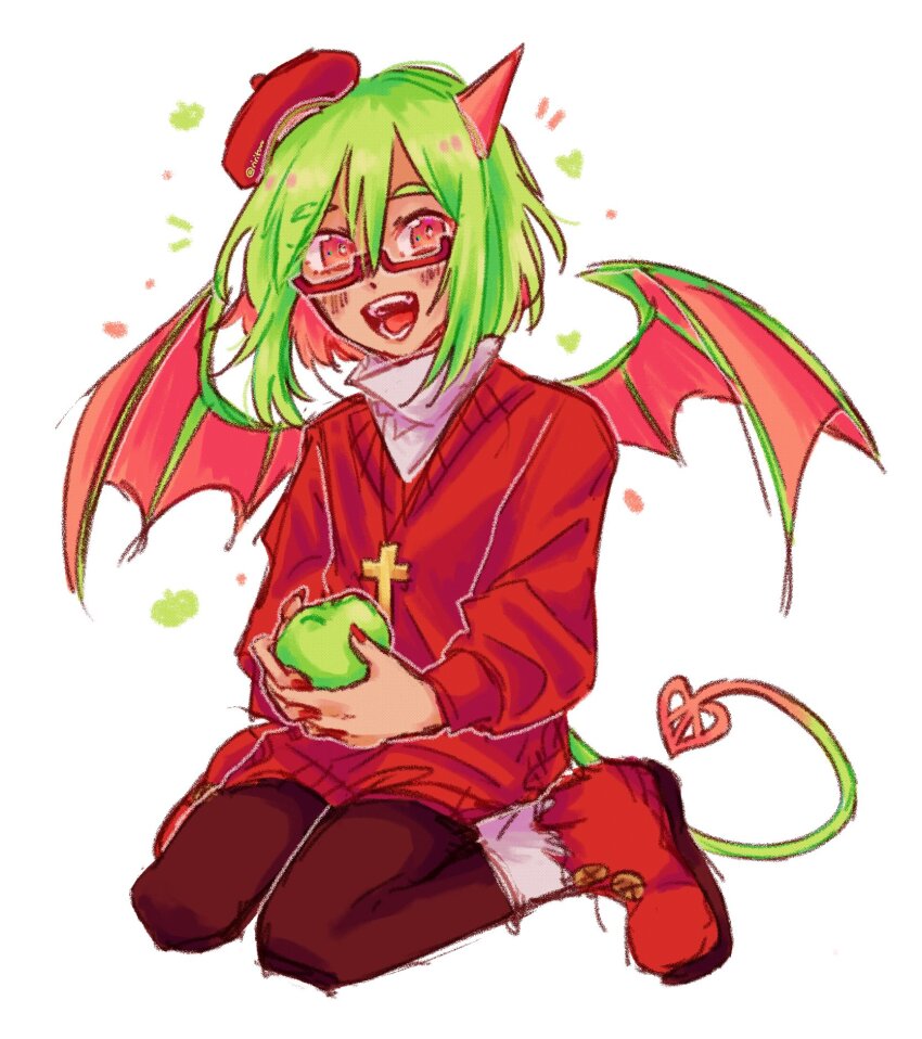 1girl, boots, brown_pantyhose, collared_shirt, cross, cross_necklace, demon_horns, demon_tail, demon_wings, food, fruit, funamusea, haiiro_teien, highres, holding, holding_food, holding_fruit, horns, jewelry, long_sleeves, necklace, pantyhose, red_boots, red_sweater, rigel_(rirituuus), shirt, simple_background, sitting, socks, solo, sweater, tail, wariza, white_background, white_shirt, white_socks, wings, yosafire_(funamusea)