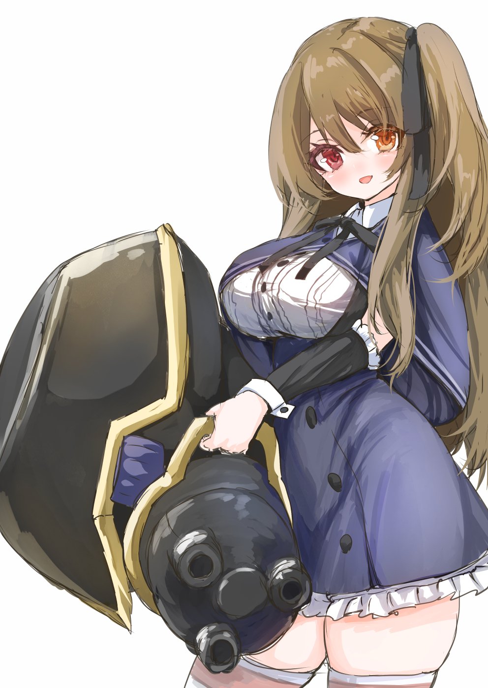 1girl, assault_lily, black_capelet, black_ribbon, black_skirt, blush, breasts, brown_hair