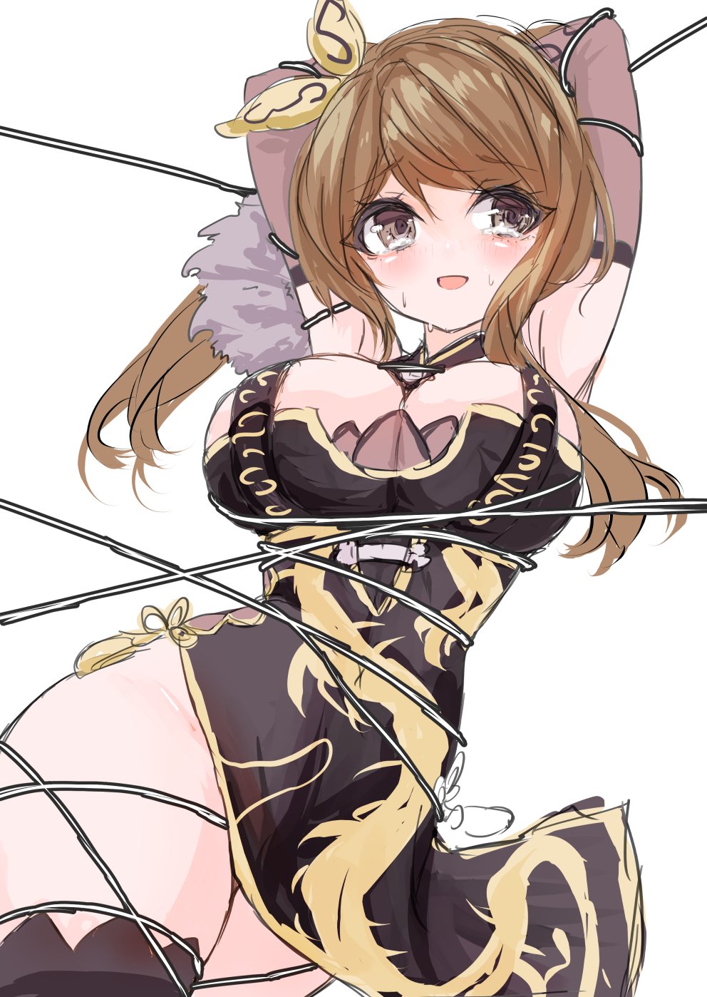 1girl, arms_behind_head, arms_up, assault_lily, black_dress, black_thighhighs, blush, bow