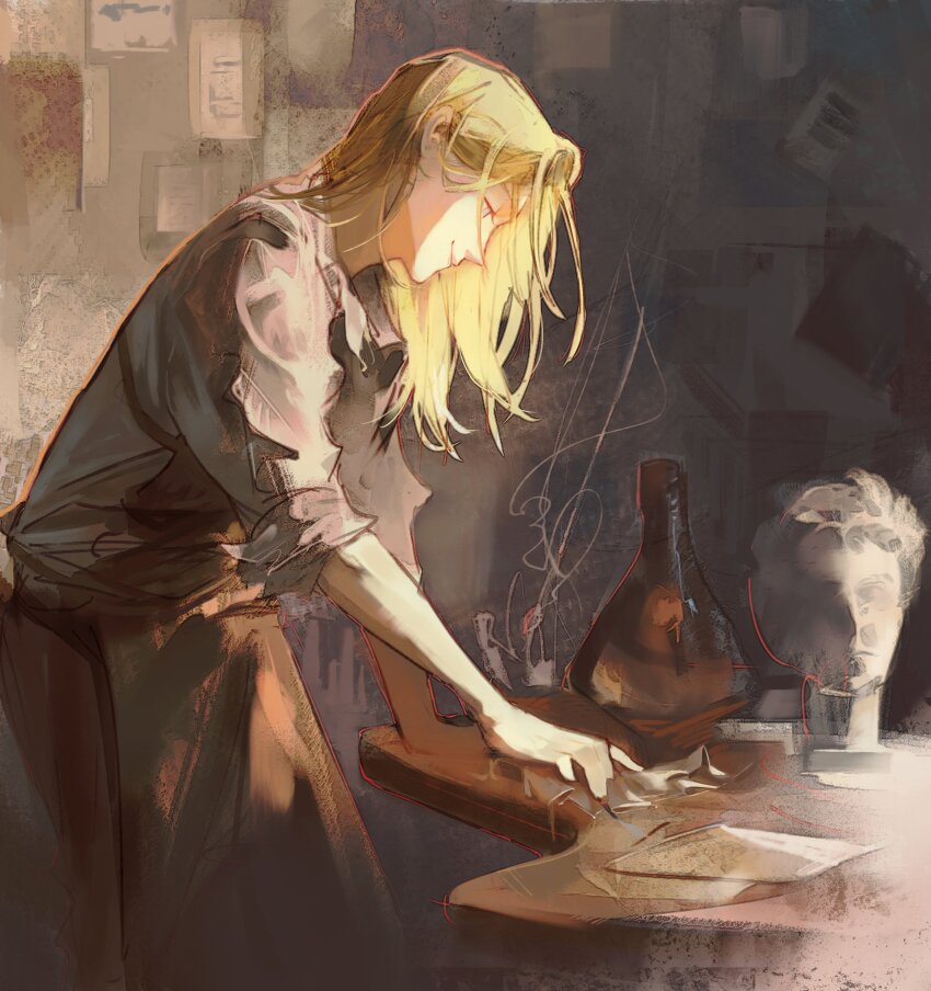 1girl, absurdres, apron, blonde_hair, brown_apron, collared_shirt, commentary, english_commentary