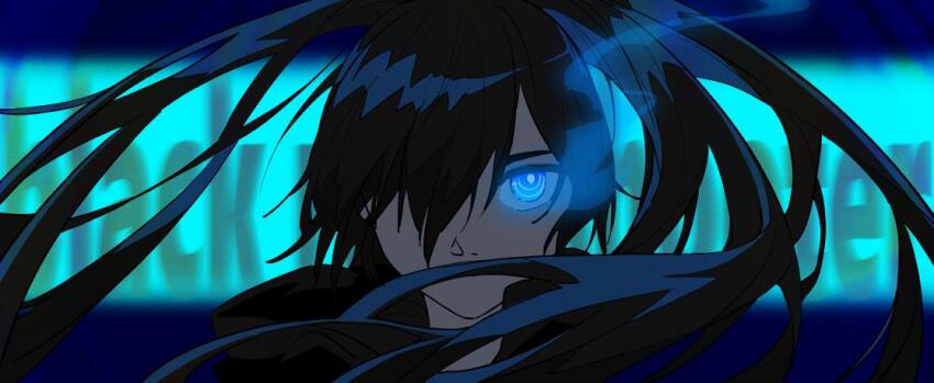 1girl, black_hair, black_rock_shooter, black_rock_shooter_(character), blue_eyes, flaming_eye, glowing, glowing_eye
