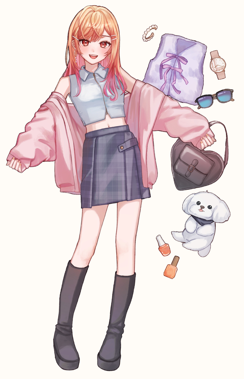 1girl, absurdres, black_boots, blue-tinted_eyewear, blush, boots, collared_shirt, colored_inner_hair