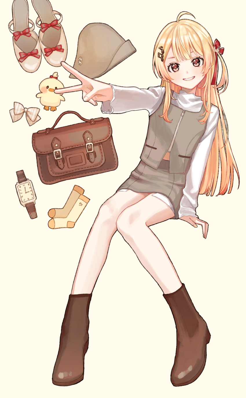 1girl, absurdres, ahoge, blonde_hair, blush, bow, breasts, briefcase, brown_eyes, brown_sandals, brown_skirt, fortissimo, full_body, fyuu-ka, grin, hair_ornament, hair_ribbon, highres, hololive, hololive_dev_is, invisible_chair, knees_together_feet_apart, long_hair, long_sleeves, looking_at_viewer, midriff_peek, miniskirt, musical_note, musical_note_hair_ornament, otonose_kanade, parted_lips, pencil_skirt, red_ribbon, ribbon, sandals, simple_background, sitting, skirt, smile, socks, solo, striped_bow, unworn_sandals, unworn_socks, unworn_wristwatch, v, very_long_hair, virtual_youtuber, watch, wristwatch