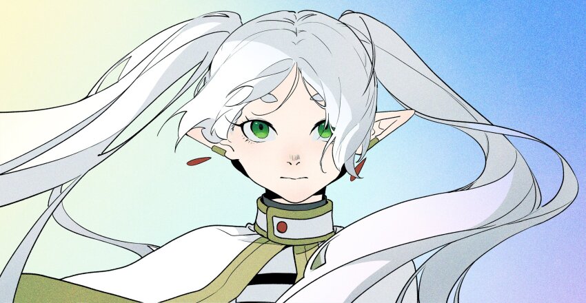 1girl, capelet, earrings, elf, floating_earrings, frieren, green_eyes, highres