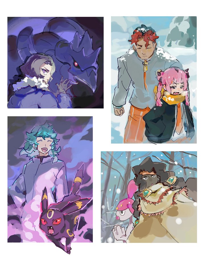 2girls, 3boys, :d, amethio_(pokemon), border, chalce_(pokemon), closed_eyes, coat