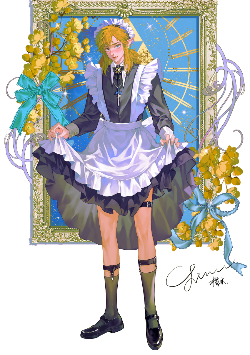 1boy, absurdres, alternate_costume, ankle_socks, apron, belt, belt_buckle, black_belt