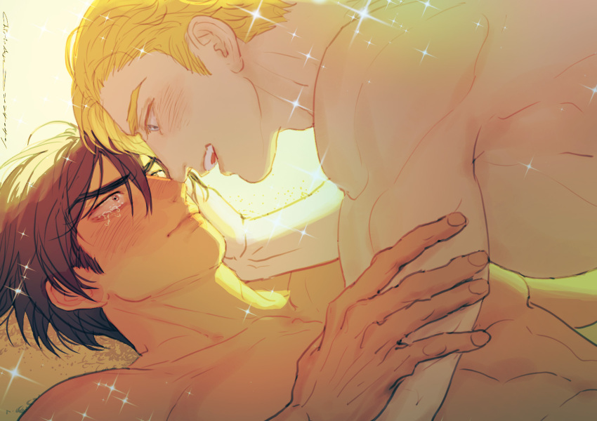 2boys, ao_isami, bara, black_hair, blonde_hair, couple, face-to-face, facial_hair