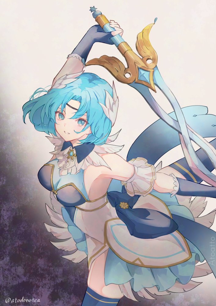 1girl, atoatto, blue_gloves, blue_hair, breasts, circlet, feather_trim, fire_emblem, fire_emblem:_the_binding_blade, fire_emblem_heroes, gloves, hair_ornament, holding, holding_sword, holding_weapon, looking_at_viewer, medium_breasts, nintendo, official_alternate_costume, smile, sword, thea_(fire_emblem), thea_(ice_tribe)_(fire_emblem), weapon, wing_hair_ornament