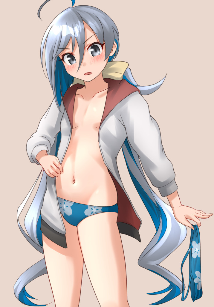 bikini, blue_bikini, breasts, cowboy_shot, floral_print, grey_eyes, grey_hair, hood