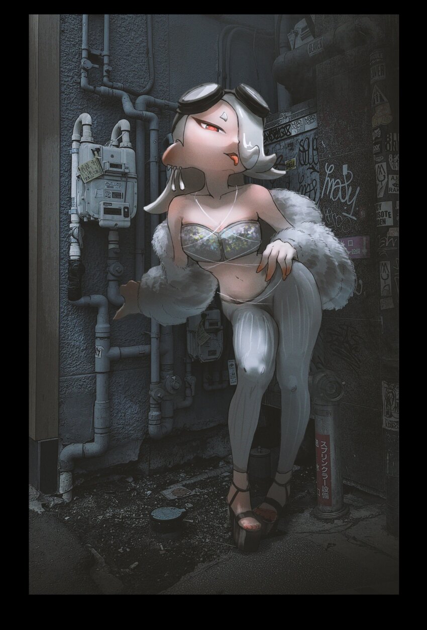 1girl, absurdres, alley, capri_pants, coat, collarbone, couldoh, ear_piercing