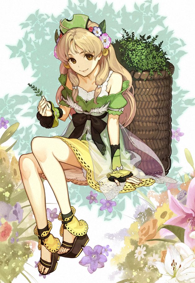 1girl, ahoge, atelier_(series), atelier_ayesha, atelier_questboard, ayesha_altugle, bare_shoulders, basket, blonde_hair, bow, brown_eyes, brown_sandals, closed_mouth, commentary_request, dress, floral_background, flower, full_body, green_dress, hair_flower, hair_ornament, holding_grass, invisible_chair, leaf, long_hair, looking_at_viewer, off-shoulder_dress, off_shoulder, official_art, purple_flower, sandals, second-party_source, short_sleeves, sitting, smile, solo, waist_bow, wrist_cuffs