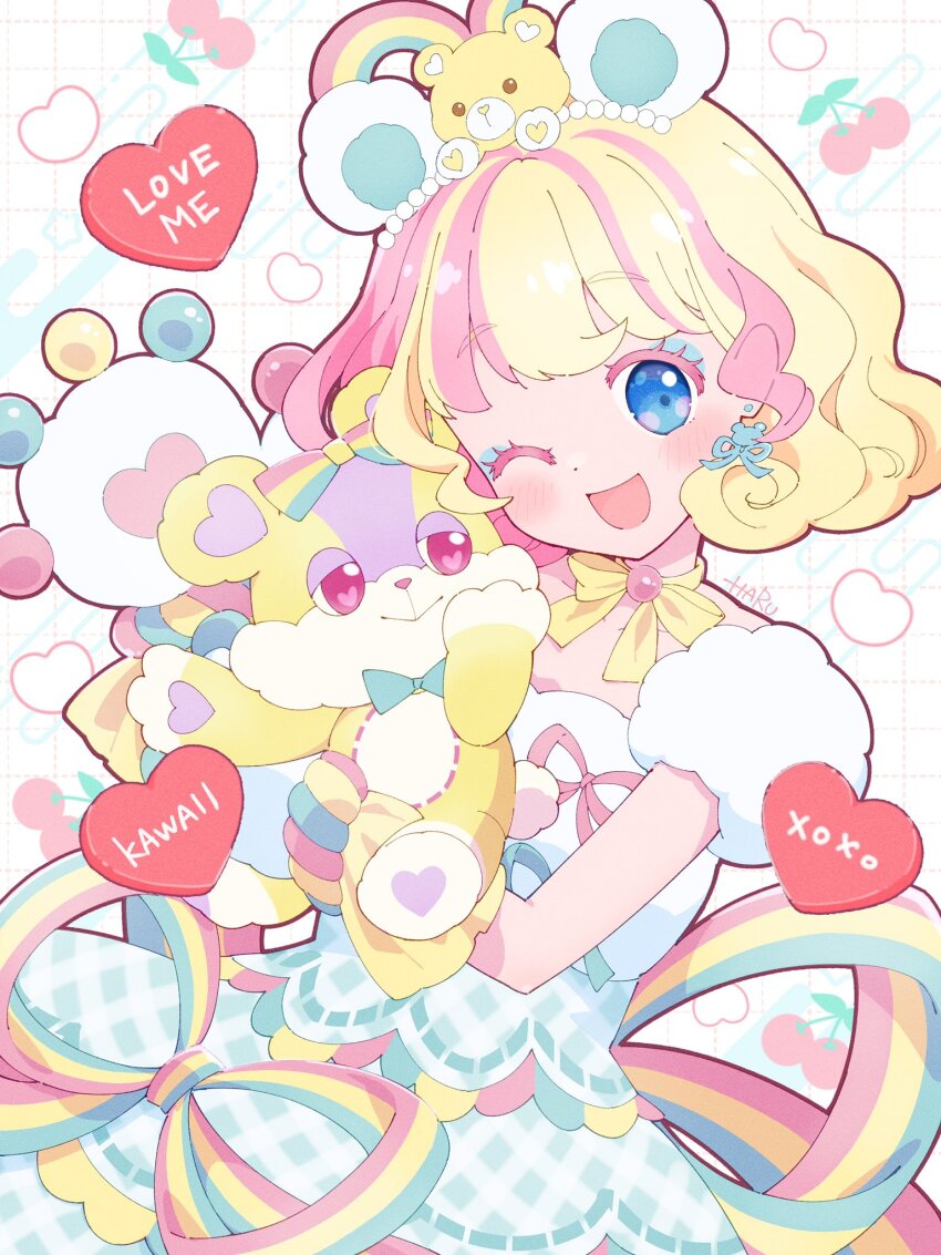 1girl, :d, amauri_miruki, amauri_miruki_(primagista), animal_ears, bear_ears, blonde_hair, blue_dress