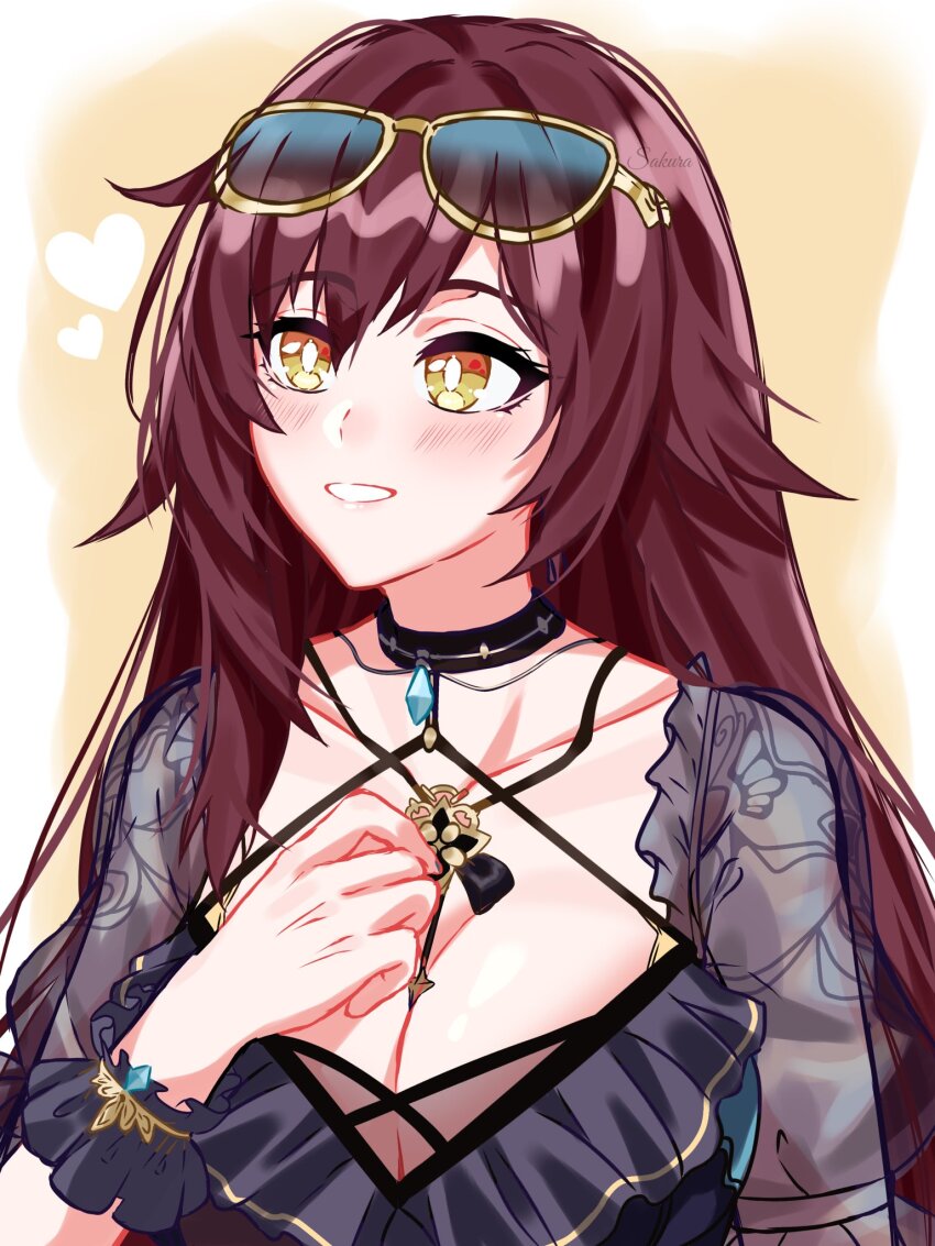 1girl, bikini, black_bikini, black_choker, breasts, brown_hair, choker, cleavage