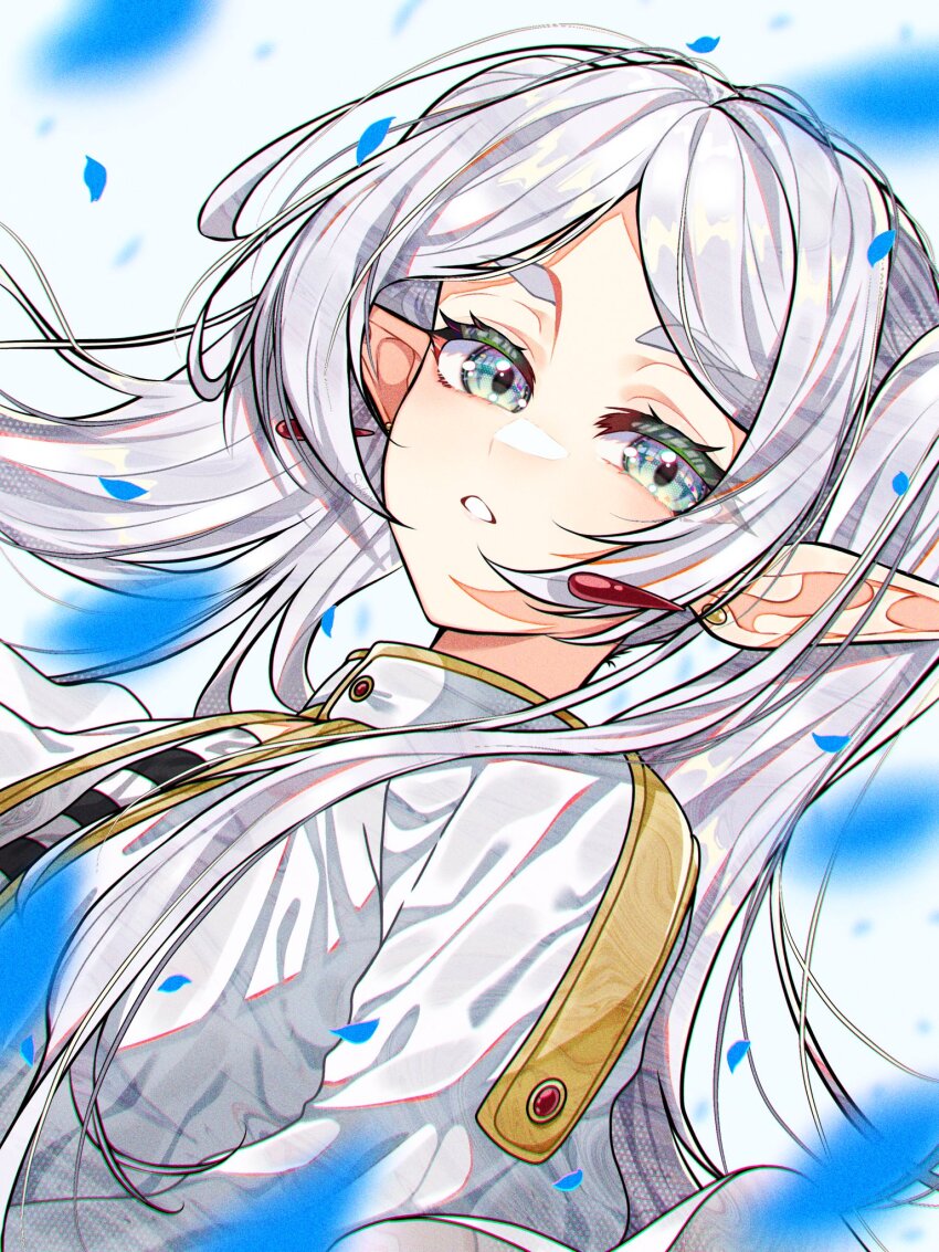 1girl, breasts, dress, earrings, elf, falling_petals, frieren, green_eyes