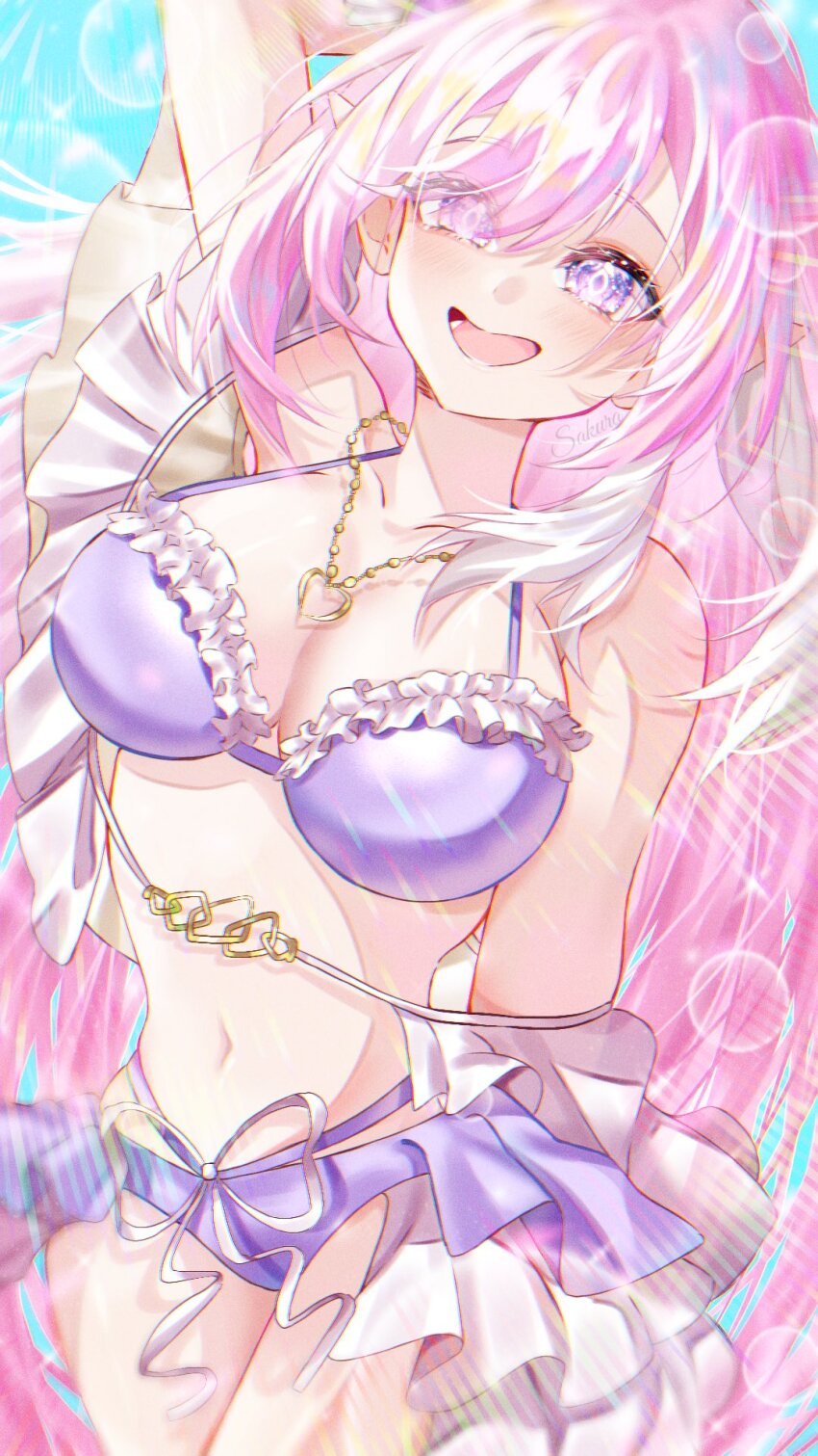 1girl, bare_shoulders, bikini, breasts, bubble, cleavage, cow, diamond-shaped_pupils, diamond_(shape), elysia_(herrscher_of_human:_ego)_(honkai_impact), elysia_(honkai_impact), elysia_(summer_2023)_(honkai_impact), hair_between_eyes, heart, heart_necklace, highres, honkai_(series), honkai_impact_3rd, jewelry, large_breasts, long_hair, multicolored_hair, navel, necklace, official_alternate_costume, open_mouth, pink_hair, purple_bikini, purple_eyes, sakurachan2003, smile, solo, stomach, swimsuit, symbol-shaped_pupils, thighs, two-tone_hair, very_long_hair, white_hair