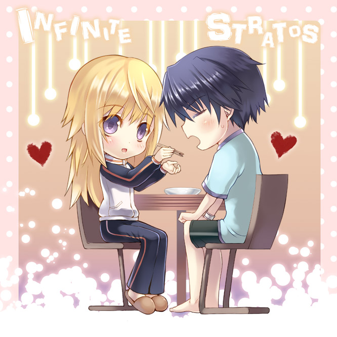 10s, 1boy, 1girl, aisagi, androgynous, black_hair, blonde_hair, blush, casual, chair, charlotte_dunois, chibi, chopsticks, eating, closed_eyes, feeding, heart, infinite_stratos, long_hair, orimura_ichika, purple_eyes, reverse_trap, shorts, sitting, table