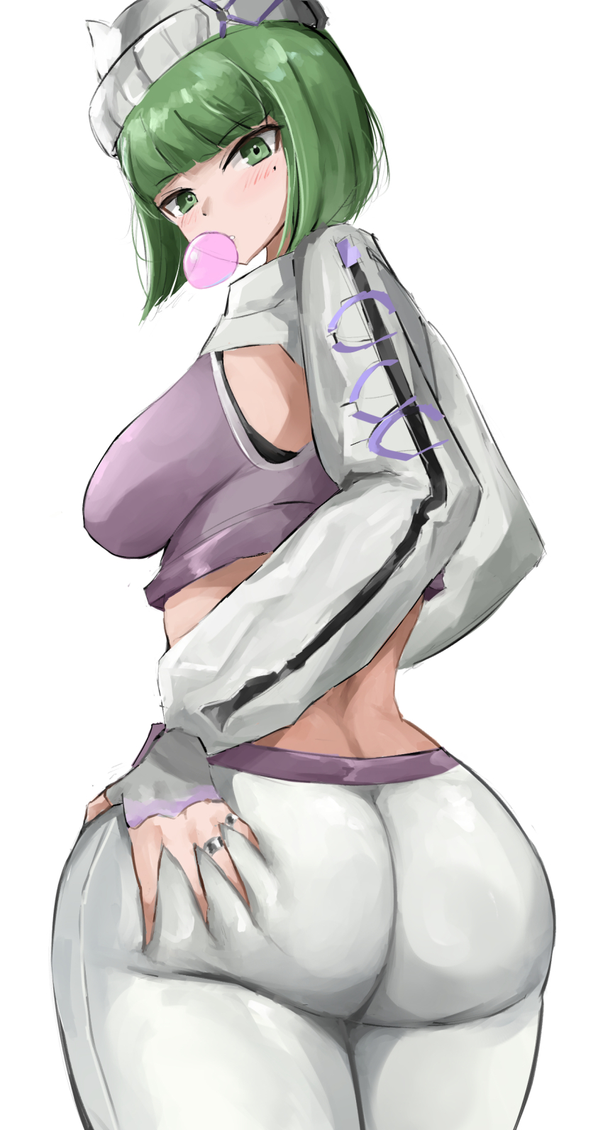 1girl, absurdres, arknights, ass, back, blowing_bubble_gum, blowing_bubbles, breasts, chewing_gum, cowboy_shot, crop_top, doubleuww1, ela_(rainbow_six_siege), ela_(safehouse)_(rainbow_six_siege), from_behind, grabbing_own_ass, green_hair, hat, highres, jacket, large_breasts, pants, rainbow_six_siege, short_hair, solo, white_background, white_hat, white_jacket, white_pants