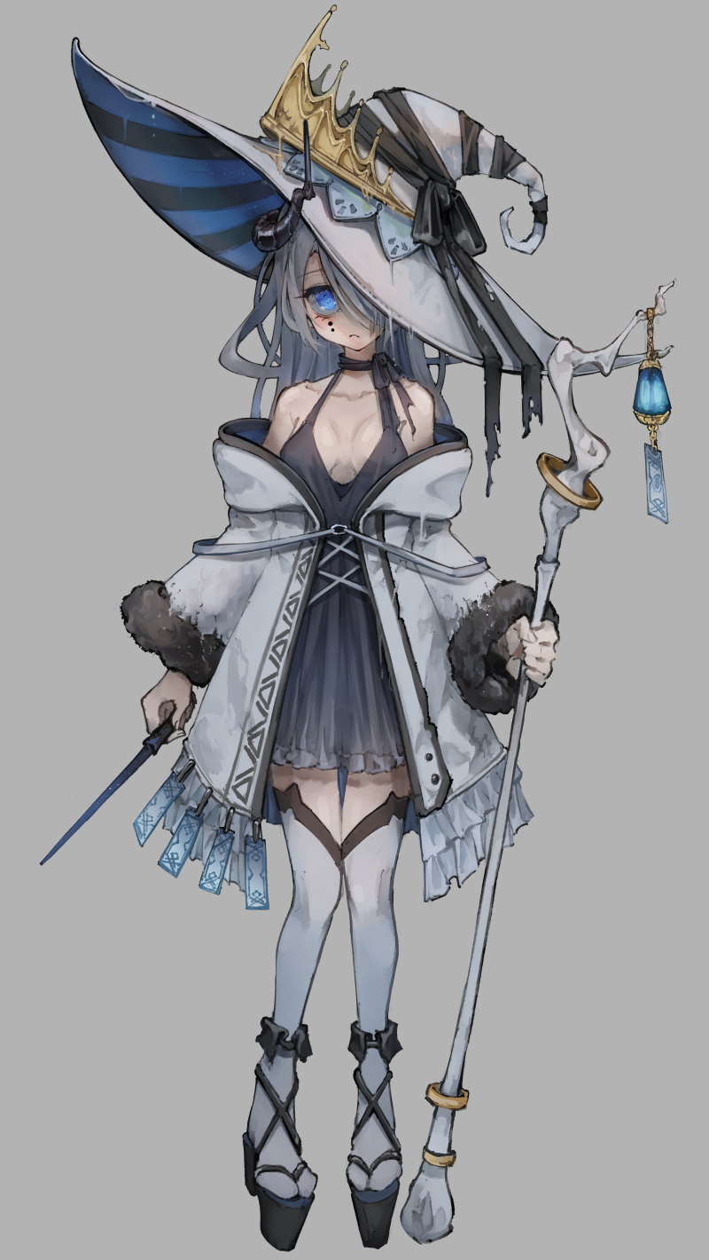 1girl, bare_shoulders, black_dress, black_horns, black_ribbon, black_sandals, blue_eyes, breasts