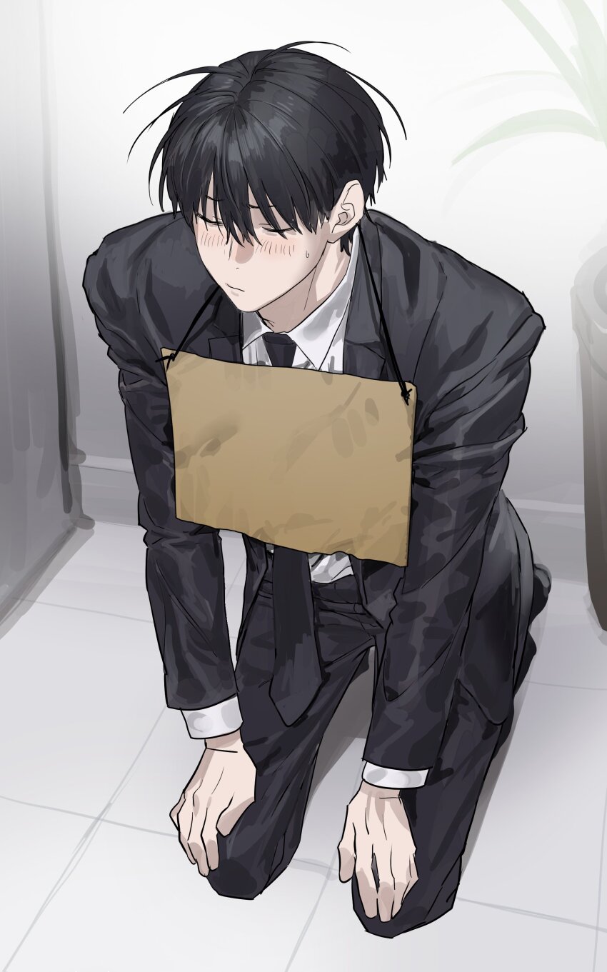 1boy, absurdres, black_hair, black_jacket, black_necktie, black_pants, black_suit, blush