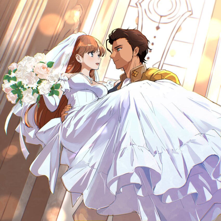 1boy, 1girl, bouquet, bridal_veil, bride, brown_hair, carrying, claude_von_riegan