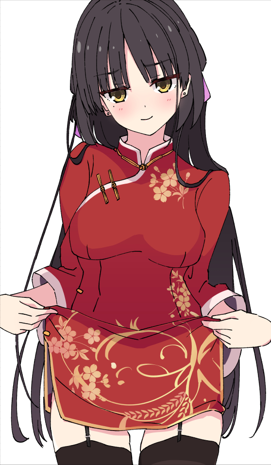 1girl, black_hair, black_thighhighs, blush, breasts, cafe_stella_to_shinigami_no_chou, china_dress, chinese_clothes