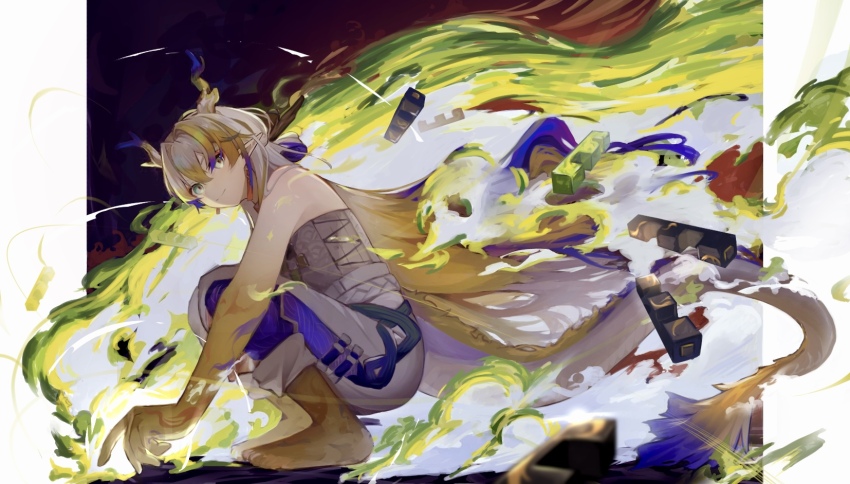 1girl, arknights, bare_arms, bare_shoulders, barefoot, blonde_hair, closed_mouth, colored_extremities