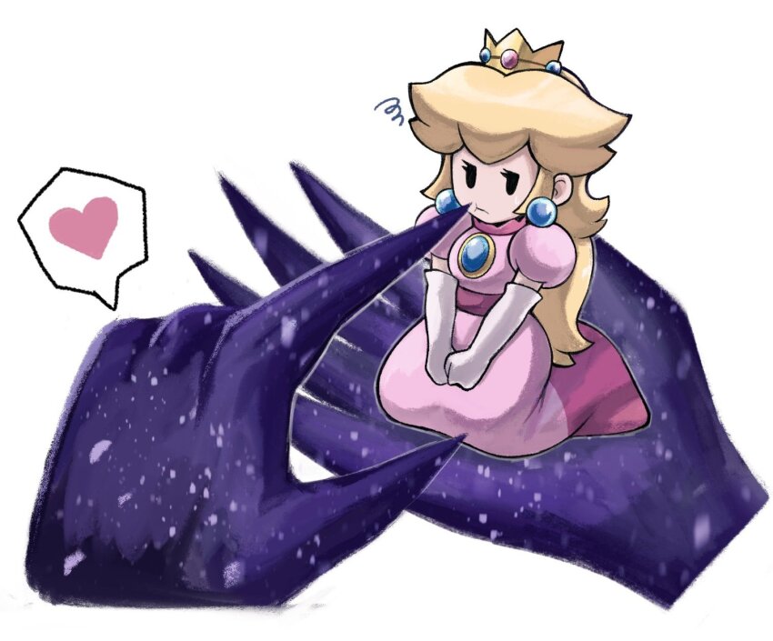 2girls, blonde_hair, cheek_poking, commshoo, crown, dress, earrings, elbow_gloves, giant_hand, gloves, hands_on_lap, heart, highres, in_palm, jewelry, kneeling, long_hair, mario_(series), multiple_girls, nintendo, paper_mario, paper_mario:_the_thousand-year_door, pink_dress, poking, princess_peach, puffy_short_sleeves, puffy_sleeves, shadow_queen, short_sleeves, sitting_on_hand, size_difference, sphere_earrings, spoken_heart, sweatdrop, unamused, white_background, white_gloves, yuri