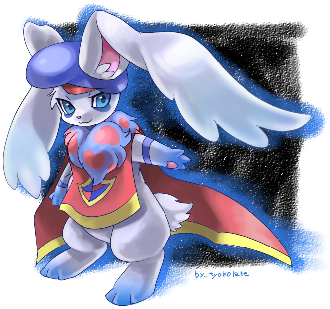 :3, arm_up, blue_eyes, blue_fur, blue_outline, cape, commentary_request, creature