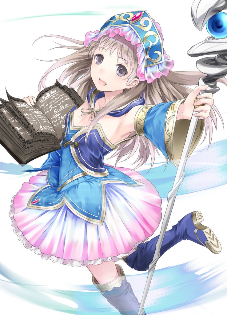 1girl, :d, atelier_(series), atelier_meruru, atelier_questboard, bare_shoulders, blue_boots, blue_shirt