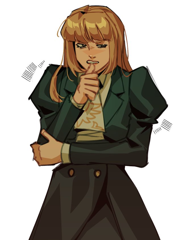 1girl, biting, biting_own_thumb, blunt_bangs, brown_eyes, brown_hair, crocrubies, dress