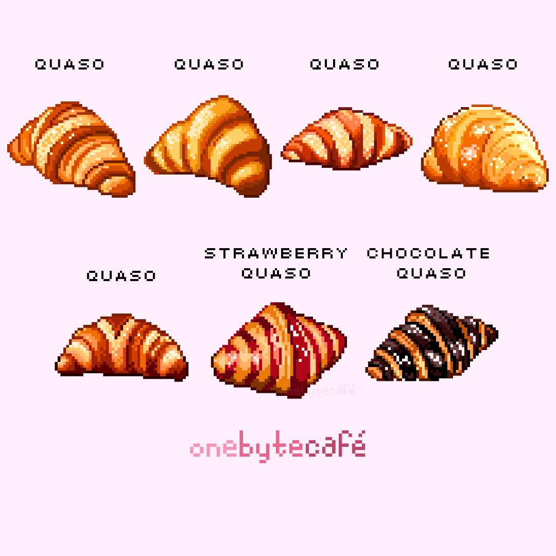 artist_name, chocolate, croissant, english_text, food, food_focus, no_humans, one_byte_cafe, original, pixel_art, purple_background, simple_background, strawberry_jam, variations