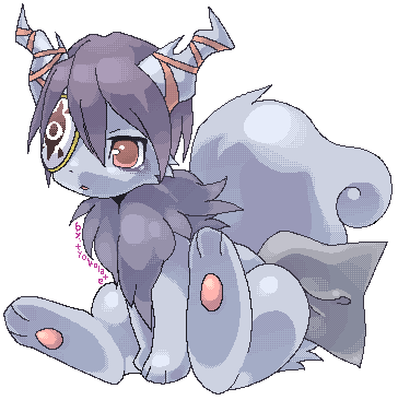 :o, bow, commentary_request, creature, creature_focus, dithering, eyepatch, full_body, grey_bow, grey_fur, grey_neopet, leaning_forward, lowres, neopet_(creature), neopets, no_humans, parted_lips, pixel_art, red_eyes, red_ribbon, ribbon, signature, sitting, solo, suppainu, tail, tail_bow, tail_ornament, usul, white_background