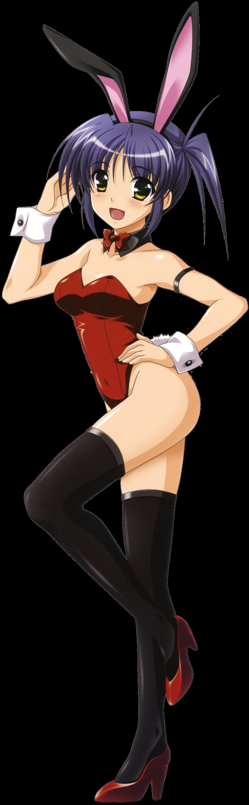 00s, 1girl, absurdres, animal_ears, armband, black_thighhighs, blue_hair, breasts