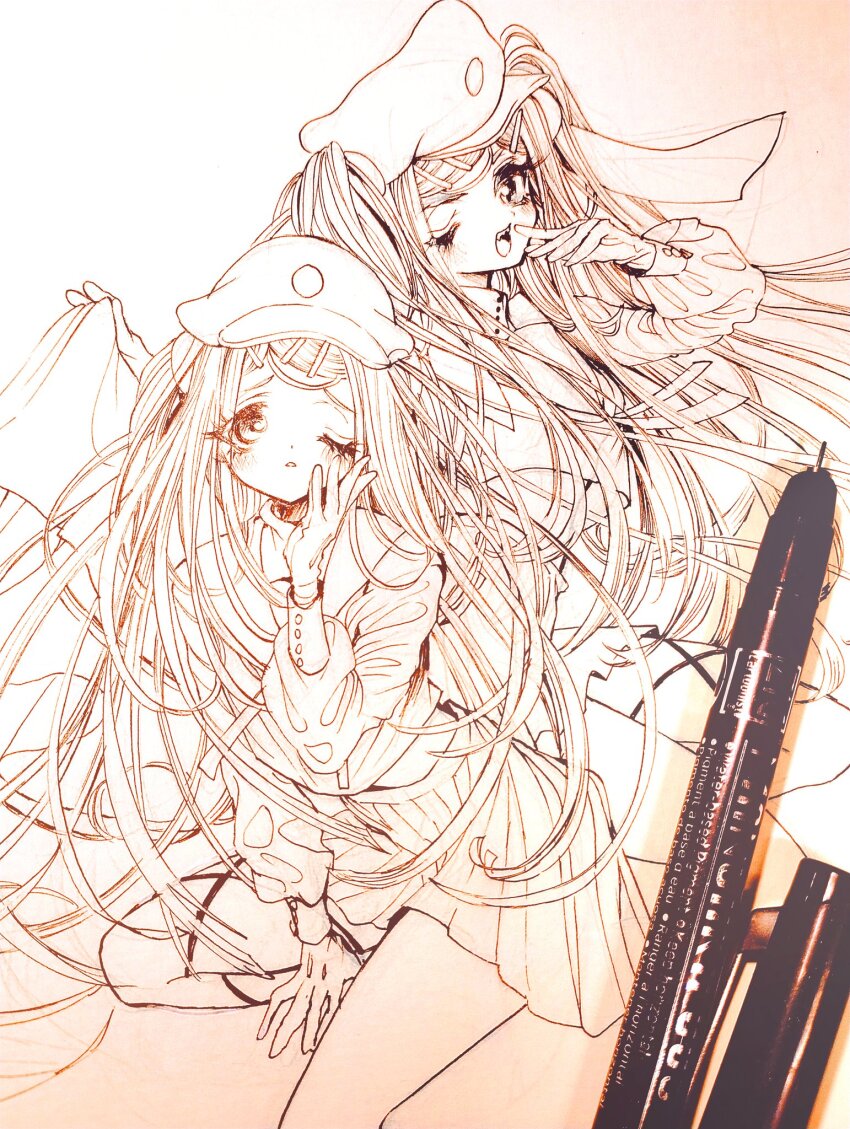 2girls, art_tools_in_frame, aya_carmine, between_legs, commentary_request, crop_top, furrowed_brow, geminism