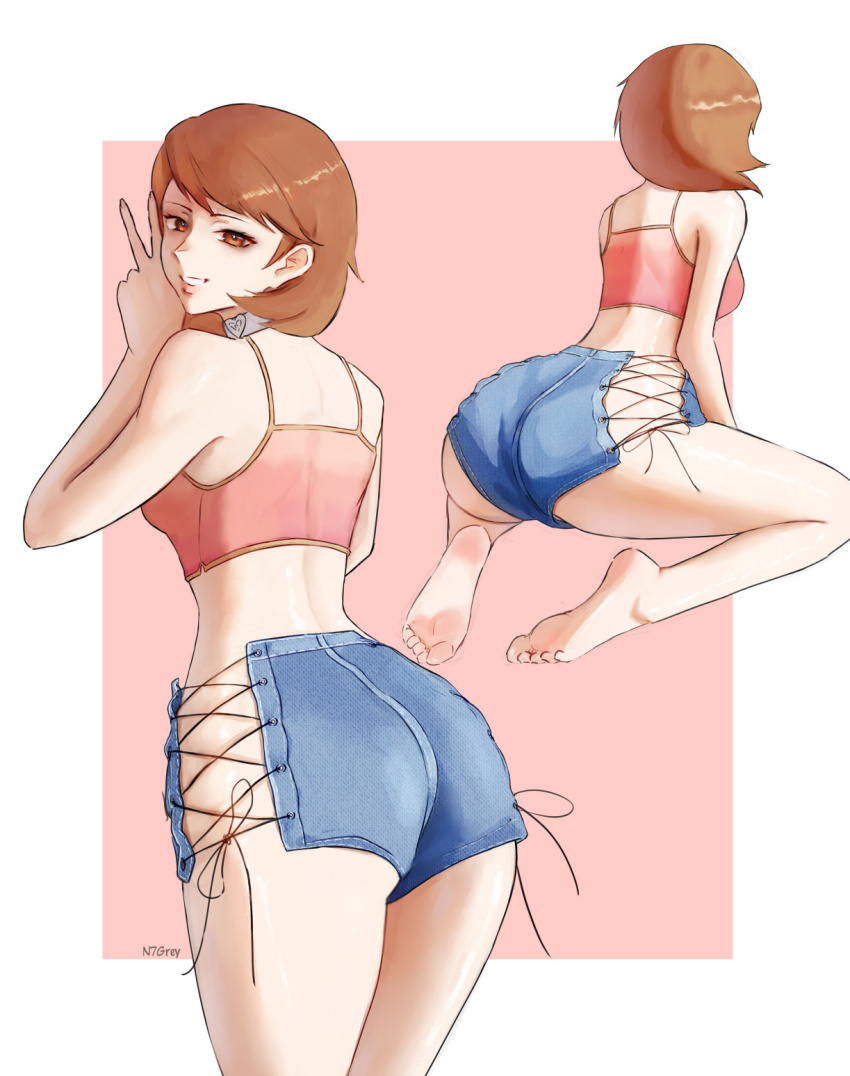 1girl, alternate_costume, artist_name, ass, bare_arms, bare_legs, bare_shoulders, barefoot, blue_shorts, border, breasts, brown_eyes, brown_hair, choker, commentary, cowboy_shot, crop_top, cross-laced_clothes, cross-laced_shorts, cross-laced_slit, denim, denim_shorts, english_commentary, eyelashes, feet, from_behind, full_body, hand_up, heart, heart_choker, highres, kneeling, legs, looking_at_viewer, looking_back, medium_breasts, medium_hair, multiple_views, n7grey, no_panties, outside_border, parted_lips, persona, persona_3, pink_background, pink_tank_top, short_shorts, shorts, side-tie_shorts, smile, soles, spaghetti_strap, takeba_yukari, tank_top, thighs, toes, v, white_border, white_choker