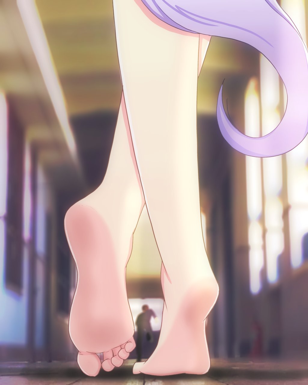 1boy, 1girl, barefoot, blurry, blurry_background, close-up, crossed_ankles, feet, felleo105, foot_focus, heel_up, highres, indoors, mejiro_mcqueen_(umamusume), out_of_frame, soles, toes, umamusume, wooden_floor