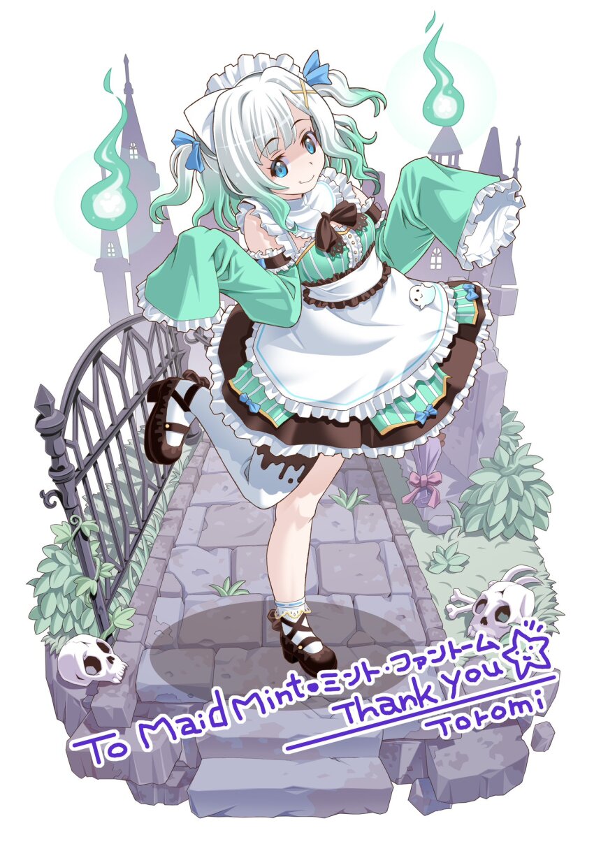 1girl, apron, artist_name, asymmetrical_legwear, blue_eyes, blue_ribbon, bobby_socks, bow