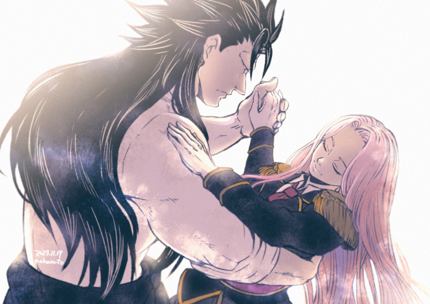 1boy, 1girl, aoharuto, artist_name, black_hair, closed_eyes, dancing, dated, epaulettes, hetero, highres, juiz_(undead_unluck), long_hair, long_sleeves, looking_at_another, necktie, pink_hair, red_necktie, undead_unluck, uniform, victor_(undead_unluck), white_background