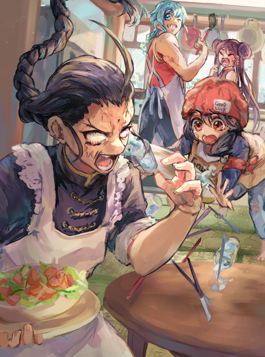 2boys, 2girls, :d, :o, absurdres, ahoge, anger_vein, apron